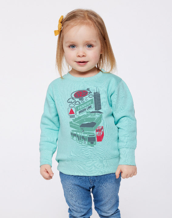 Light blue-green toddler sweatshirt with hand drawn fenway park and Green Line trolley illustration